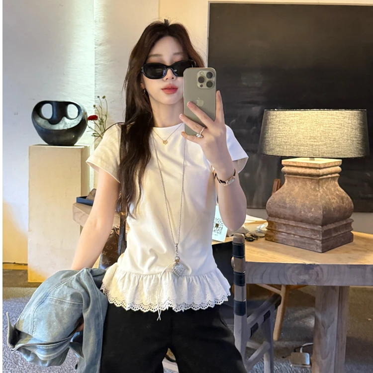 两色下摆蕾丝拼接短袖T恤女百搭显瘦圆领上衣春季