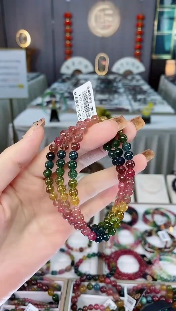 未镶嵌老矿碧玺色标彩虹透体三圈手串5mm+碧玺dan多样性发货一条