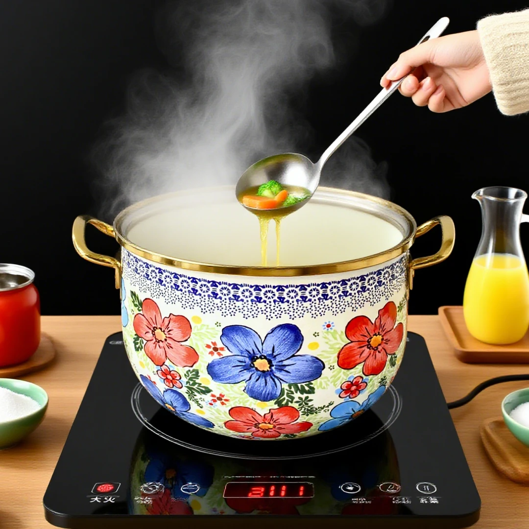 【七喜】26cm七色花精品汤锅 珐琅搪瓷汤锅玻璃盖加厚加高炖锅