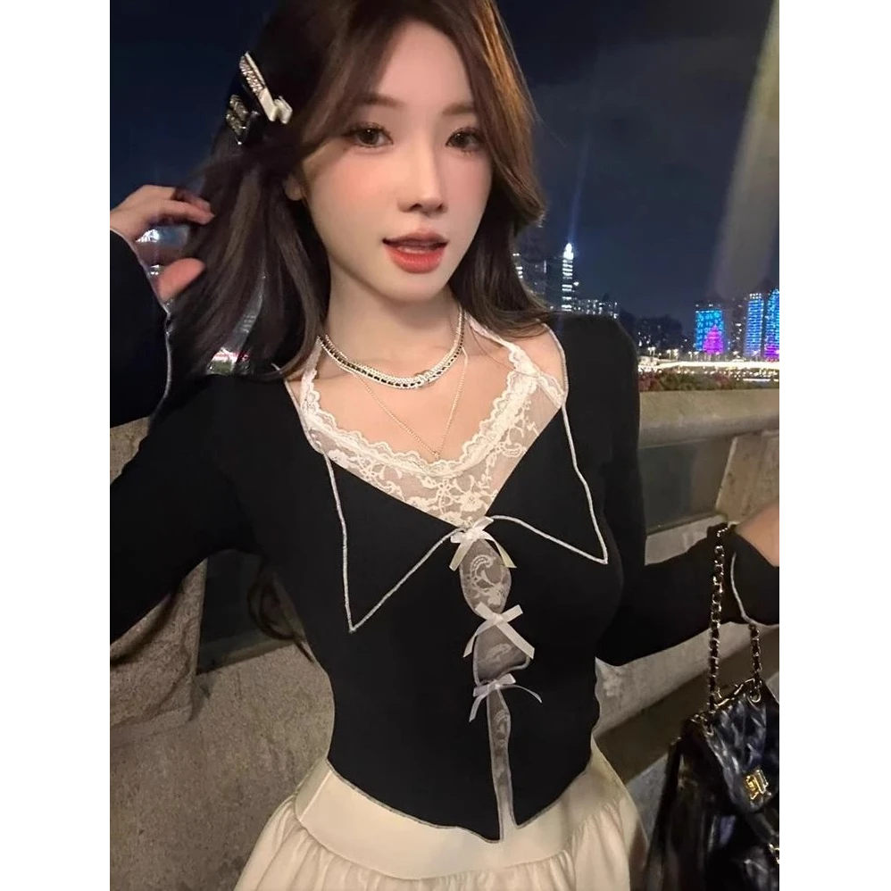 红色性感纯欲风假两件挂脖蕾丝长袖t恤女辣妹显瘦短款设计感法式