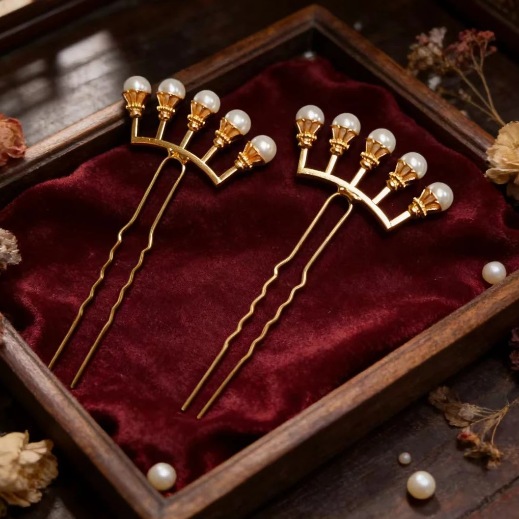 金色发饰珍珠发叉简约气质百搭古风盘发发钗古典气质旗袍秀A013