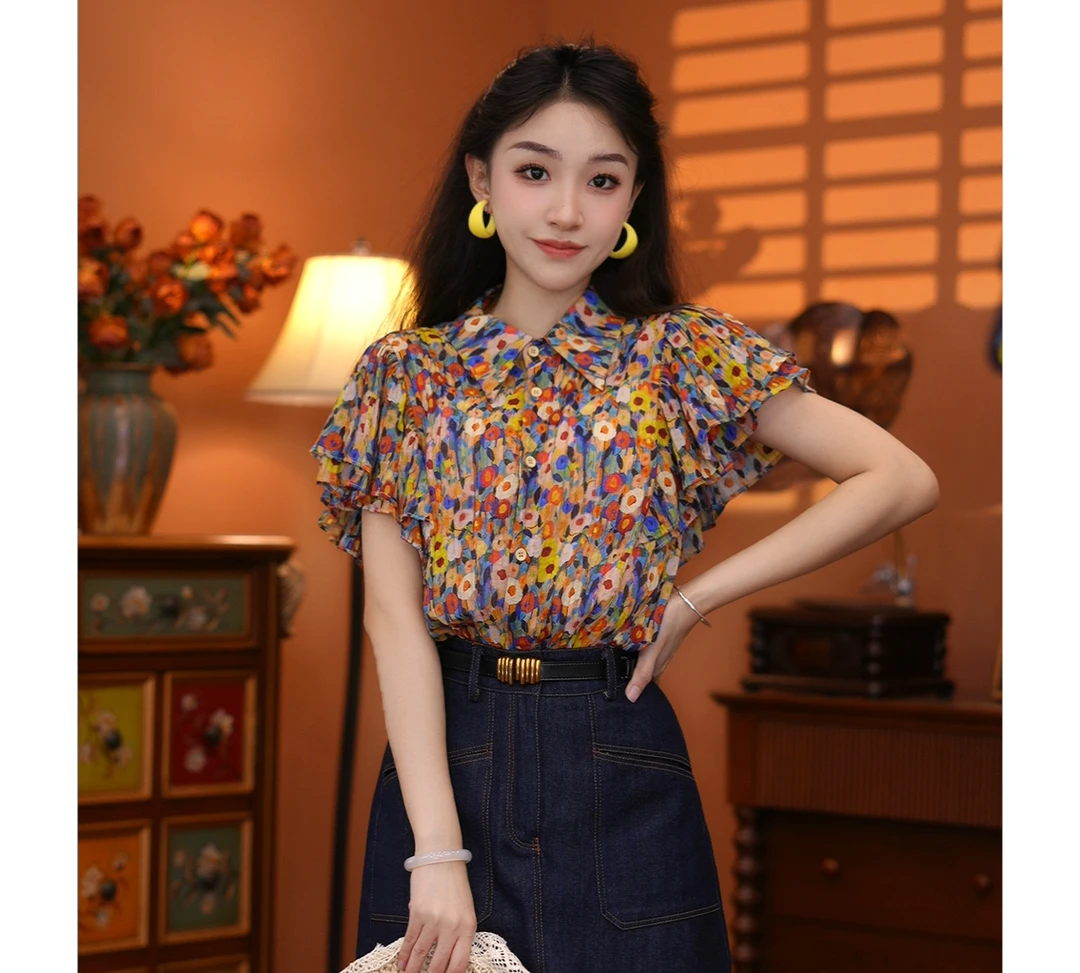 富贵【春暖花开】港味复古时尚气质薄款飞飞袖上衣01730