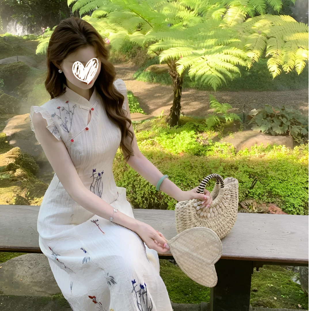 【no退no换】E尧【时春令】绣花连衣裙新中式显瘦欧若风小飞袖