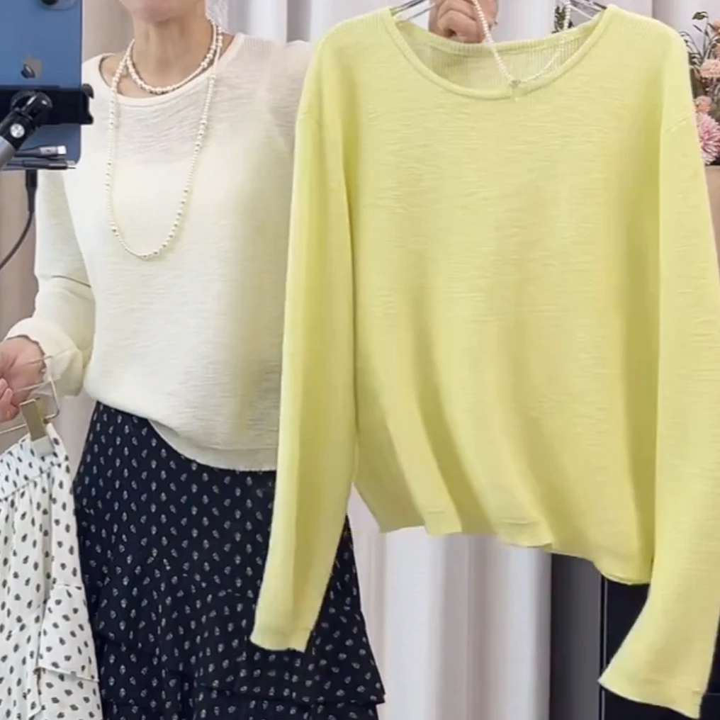 韩系纯色清新慵懒亚麻冰丝针织衫上衣女2025春夏时尚洋气防晒罩衫