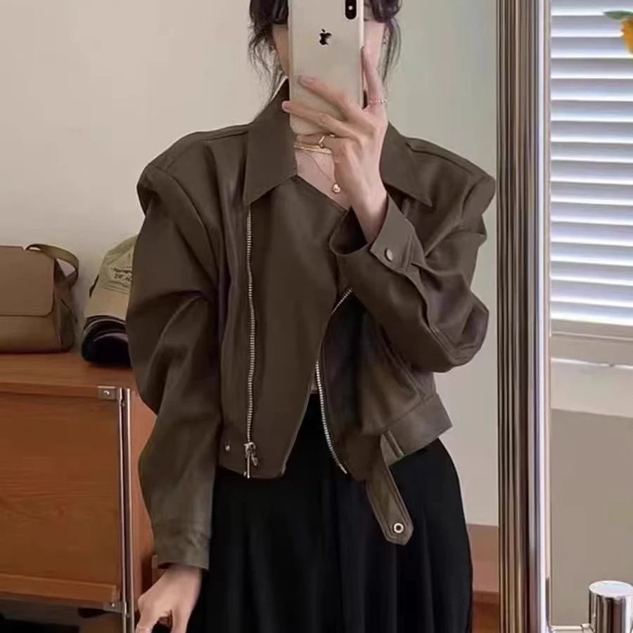 宽松复古港风时尚短款常规款韩版春季皮衣做旧复古套装秋季1112