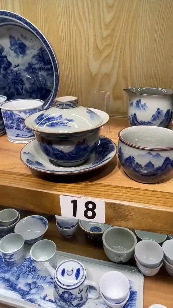 景德镇高温瓷老陶泥千里江山三才盖碗主人杯