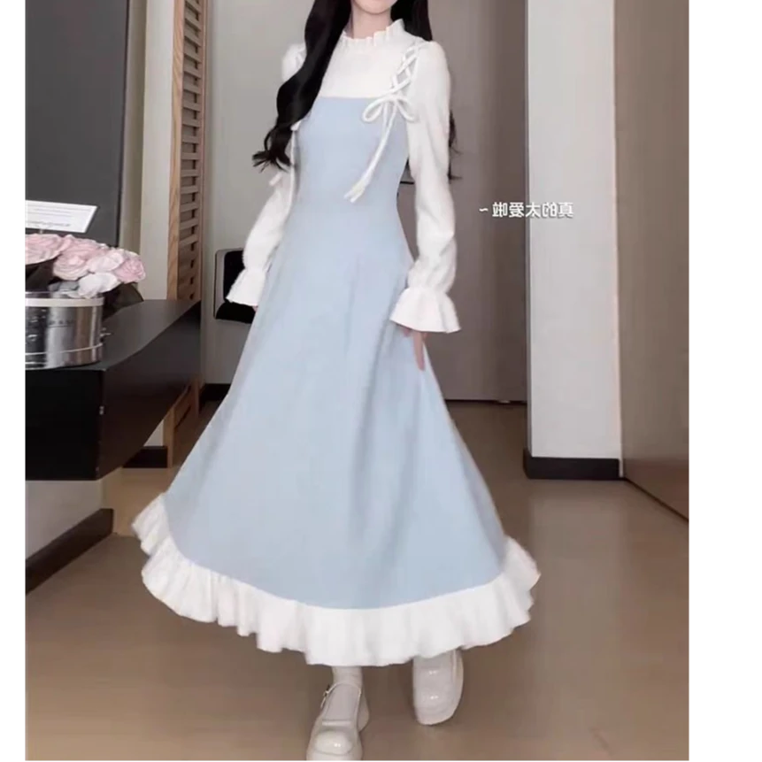 503-2#早秋茶歇拼接长袖假两件小众遮肉灯芯绒荷叶边裙子新款