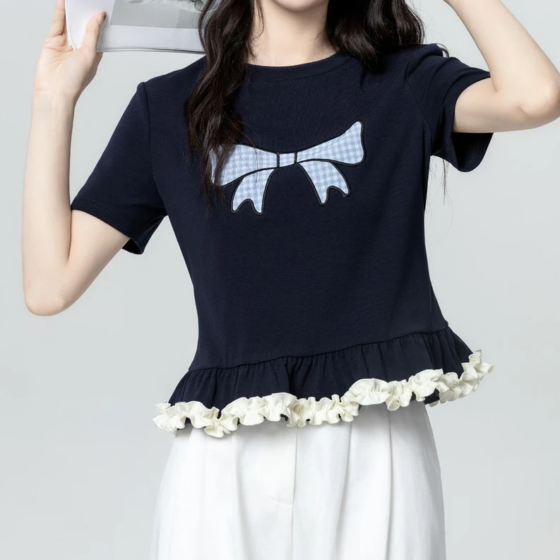 藏蓝色蝴蝶结短袖T恤时尚女2025百搭木耳边打底拼接体恤短款上衣