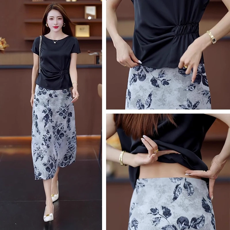 气质时尚套装女2025夏季新款显瘦薄短袖T恤上衣印花半身裙两件套