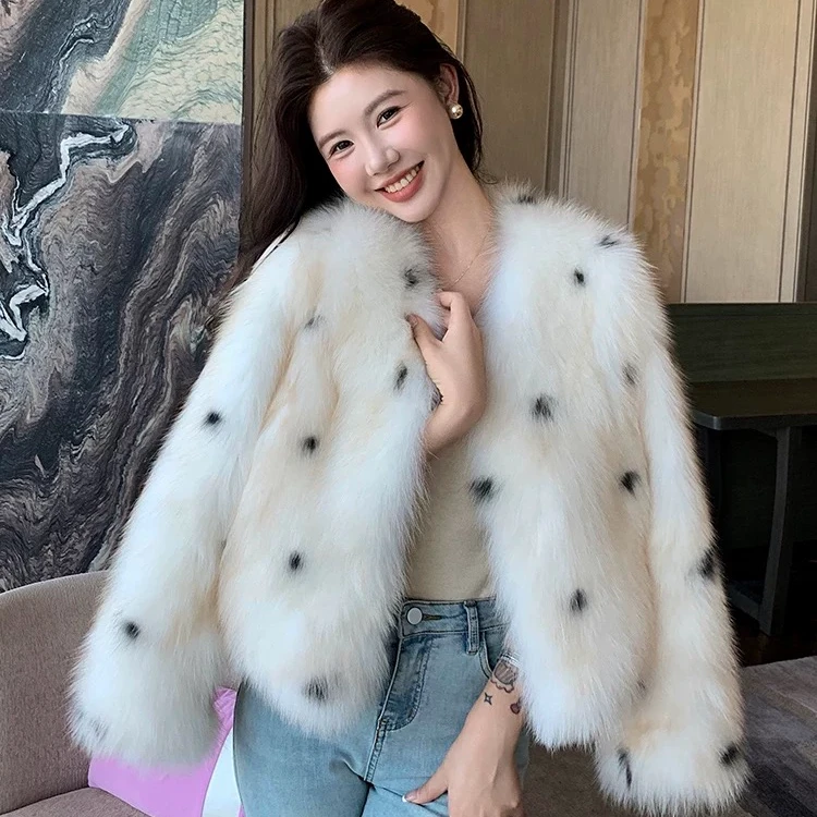“美人奶豹”山猫纹新款狐狸毛腹毛皮草女短款年轻款减龄毛毛外套