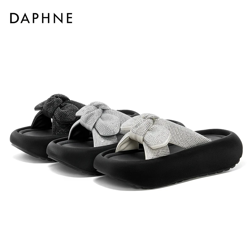 达芙妮爆款厚底蝴蝶结凉鞋2025夏季新款百搭时尚水钻潮流一字拖鞋