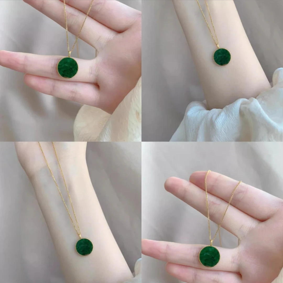 铜合金项链 翠绿色无事牌项链精致高颜值显白新中式锁骨链百搭