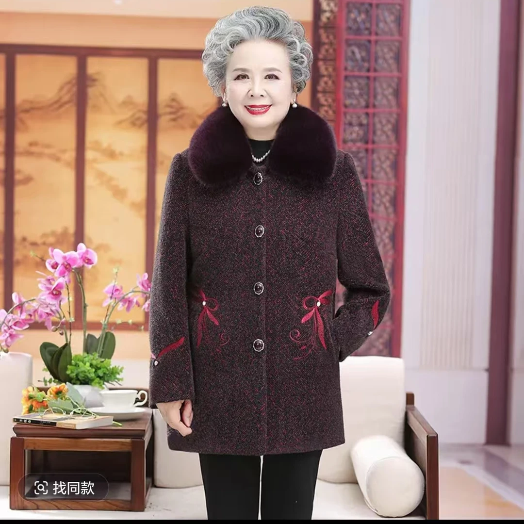 8543-H奶奶冬装加绒加厚外套新款女装妈妈装大衣老太太老仓库二楼