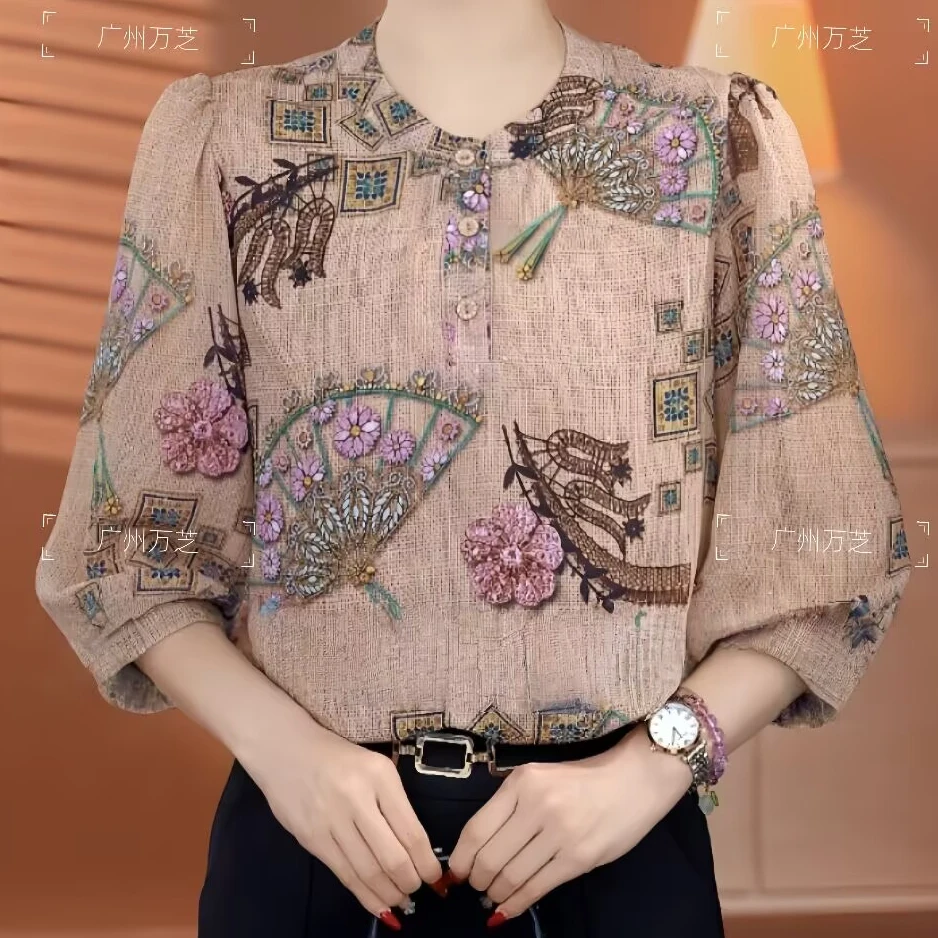 【洒银工艺】夏季薄款七分袖冰丝衬衫洋气妈妈装宽松显瘦雪纺上衣