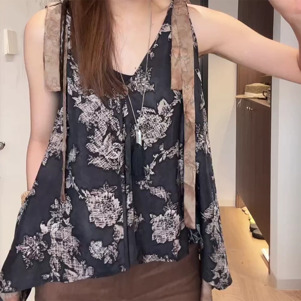 慵懒风女装上衣复古印花双肩飘带无袖背心吊带C5727