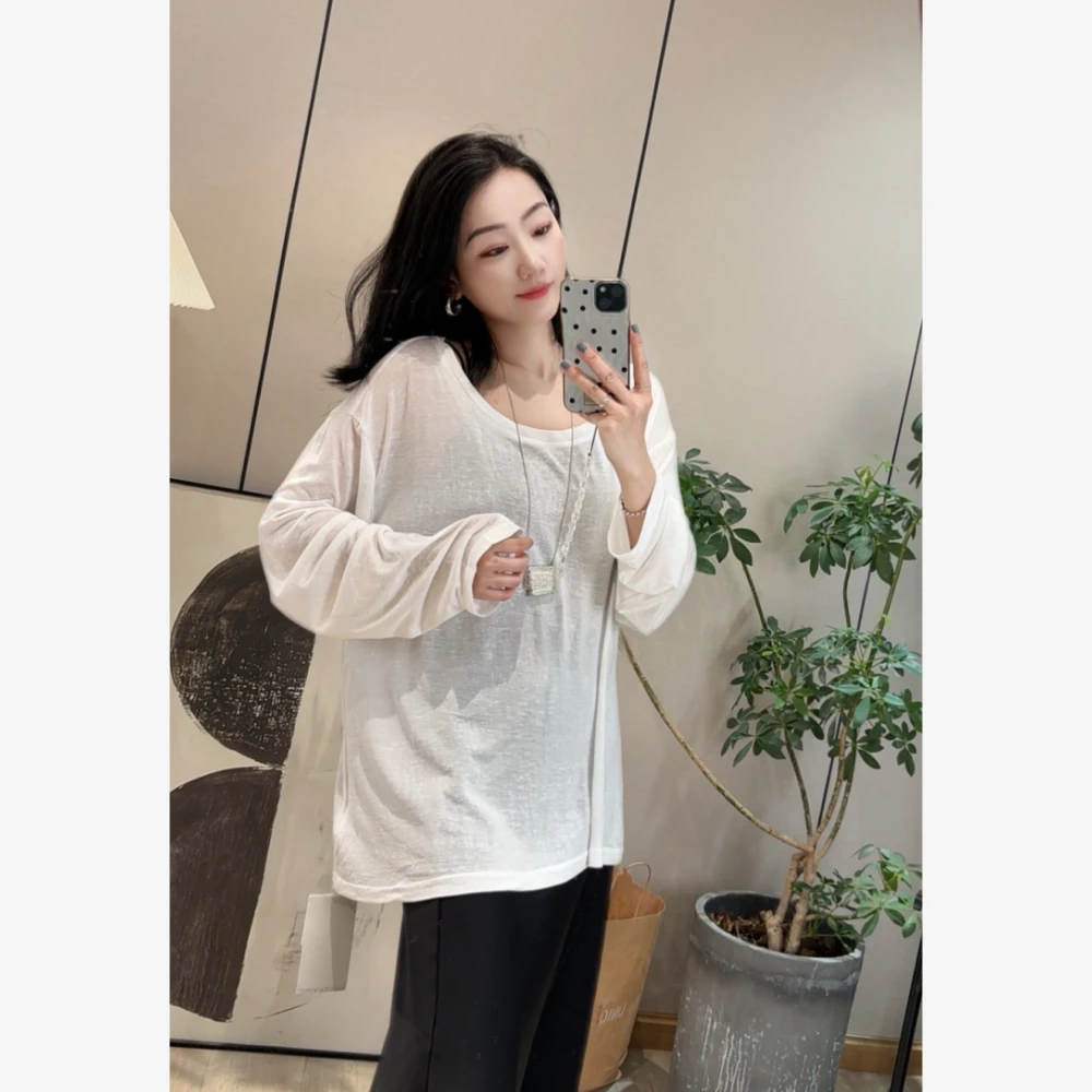 丽丽穿搭【夏日防晒衫】春夏薄款微透白色宽松大版圆领长袖T恤