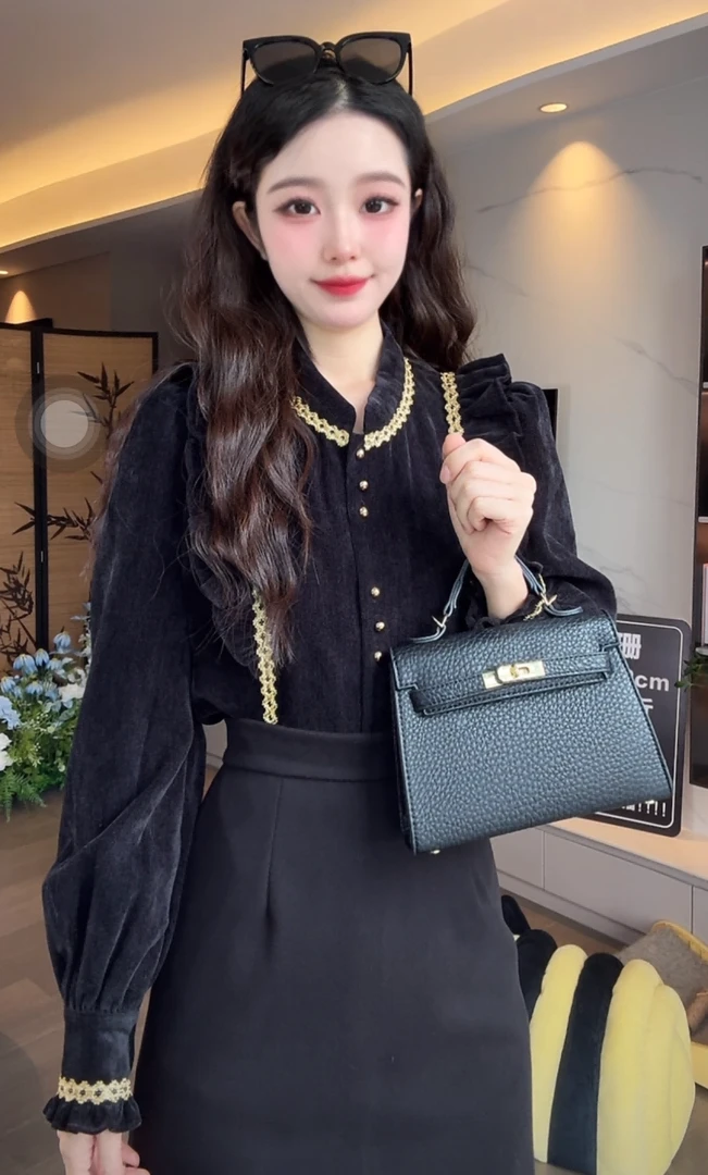 【加厚加绒款】法式时尚长袖不褪色收腰小香风复古秋冬上衣衬衫