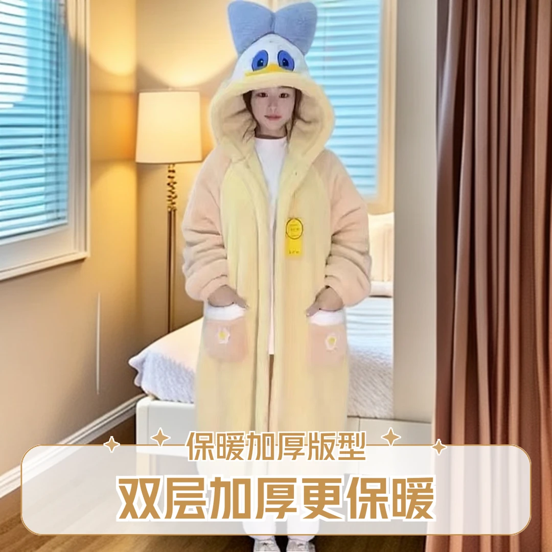 双层加厚连帽青年睡衣加绒家居服冬季更保暖情侣款卡通时尚中长款