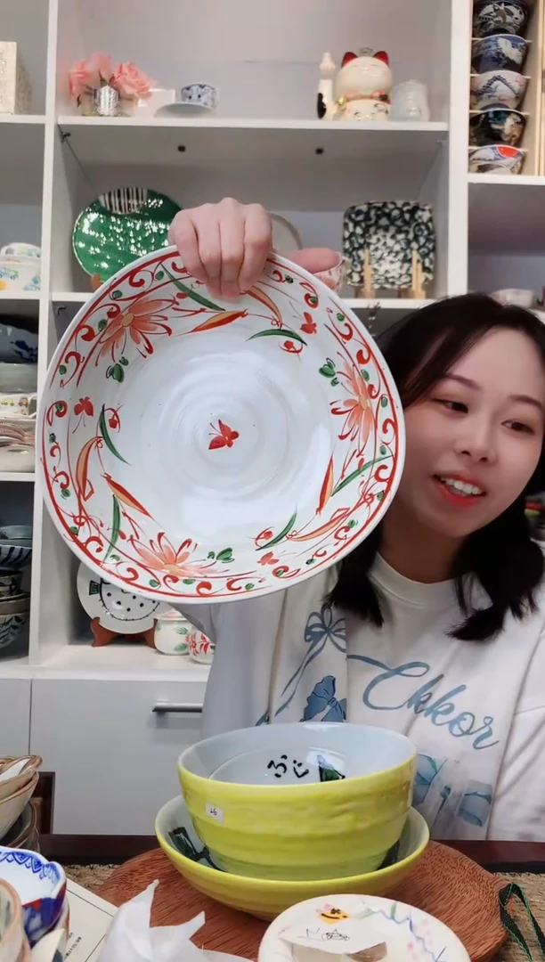 陶瓷【孤品】手绘赤绘花碟三足大钵