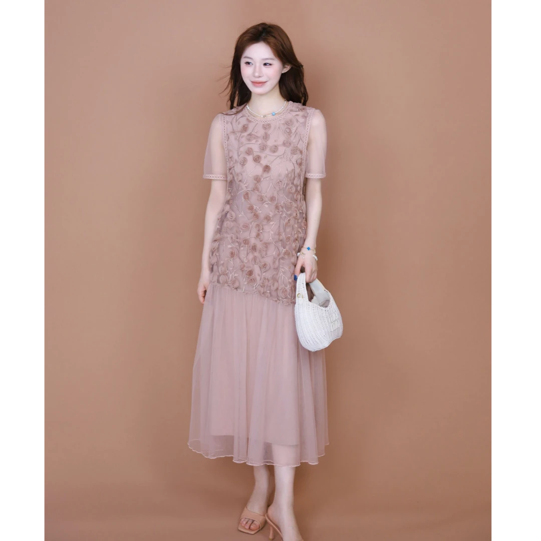 美静在这【晚暮】立体盘花刺绣长裙女夏季高级感短袖连衣裙XMZH7098