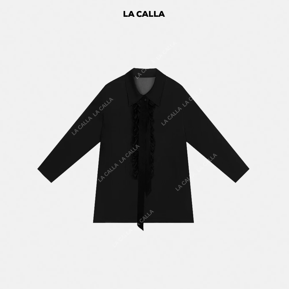 LA CALLA迷人衬衫黑色复古休闲木耳边长袖衬衫YY1811