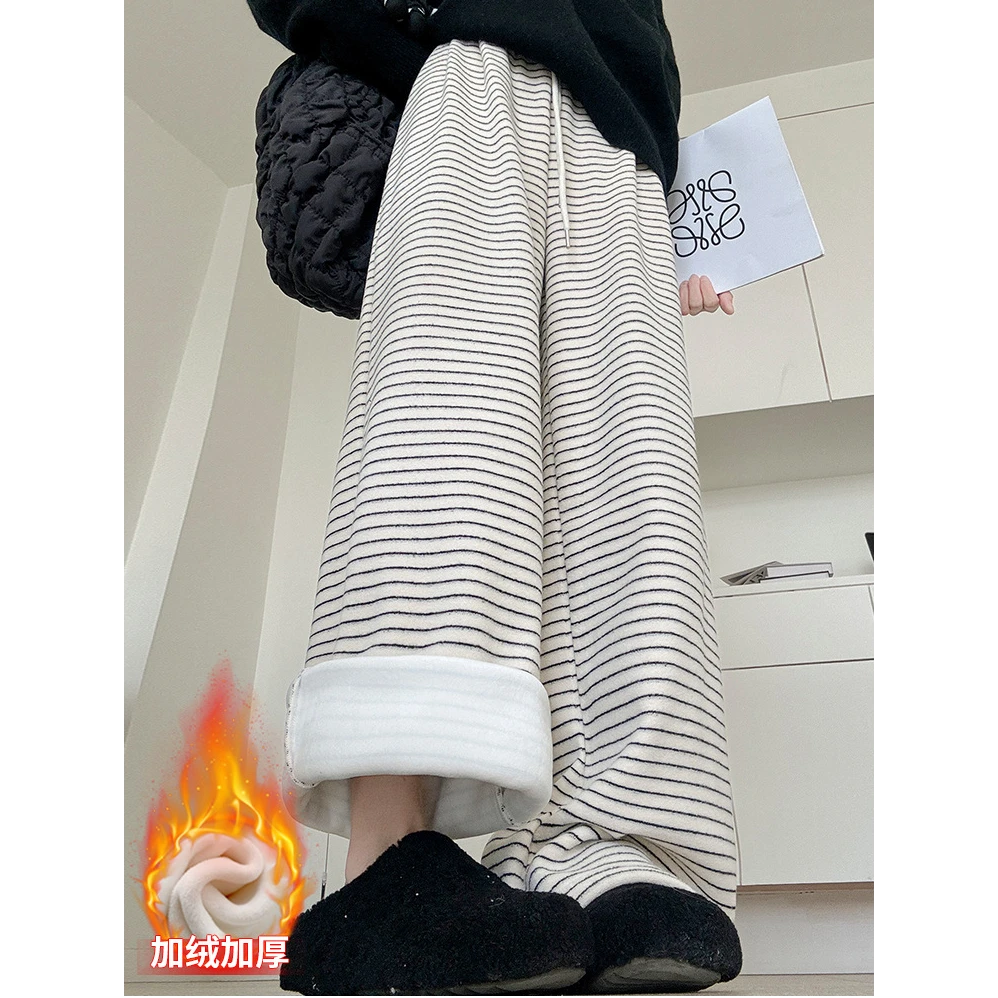 复古撞色毛呢格子裤子女秋冬新款慵懒风垂感直筒裤拖地加绒阔腿裤