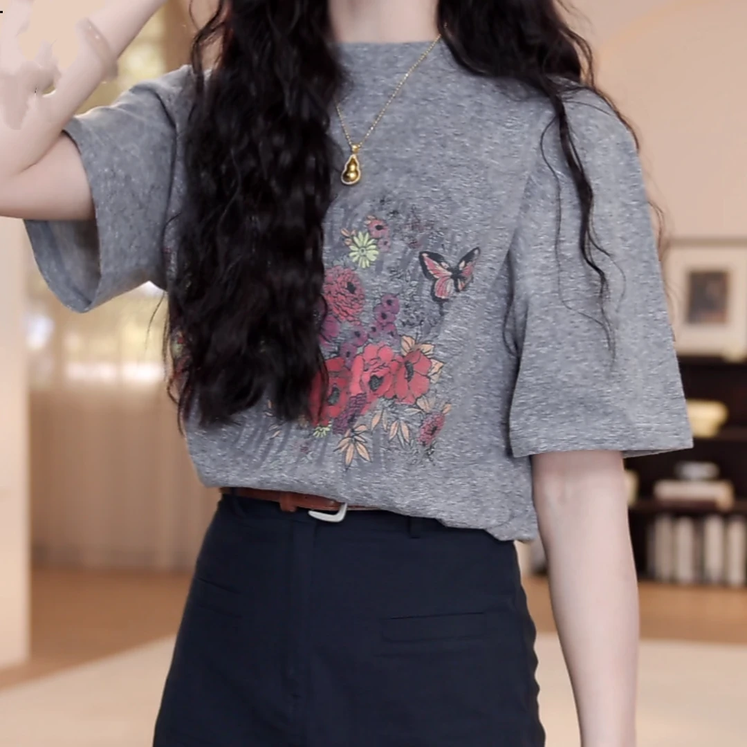 蝴蝶花印花短袖百搭夏季上衣T恤2025早春新款休闲百搭半袖