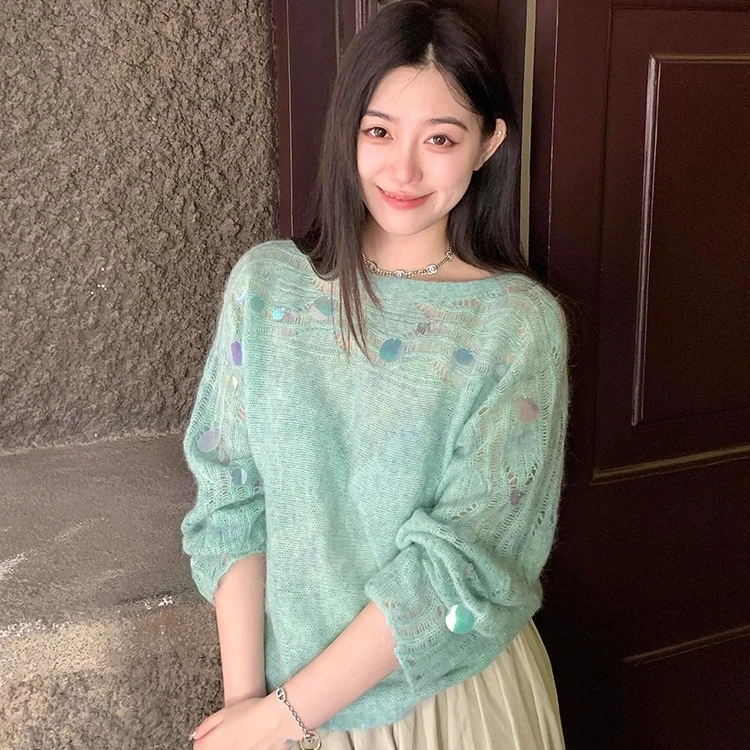 韩系温柔风绝美气质镂空亮片毛衣女早秋慵懒氛围感圆领针织衫上衣