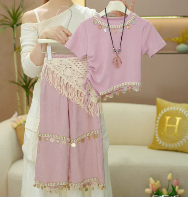 逗小铺【七尚】夏款新款女童波西米亚风短袖韩版拼接长裤套装A199