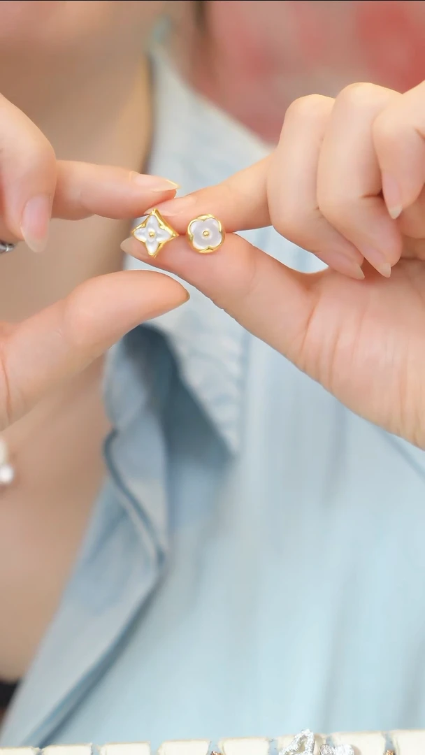 耳饰贝壳（贝母）18K金镶嵌老花