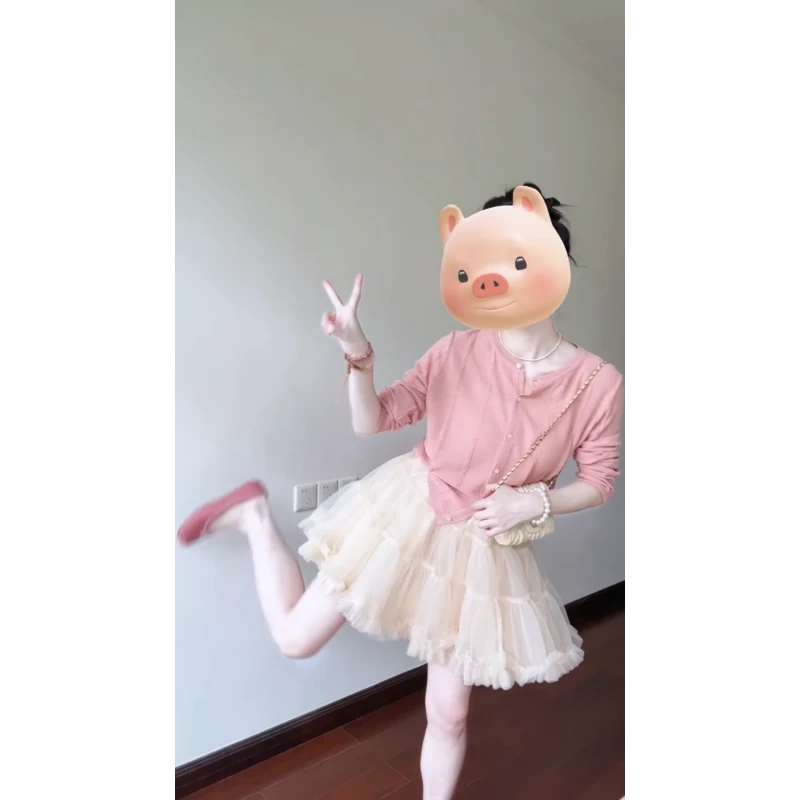 MARIE.COCO早秋穿搭韩系粉色圆领针织开衫女高腰显瘦半身裙套装