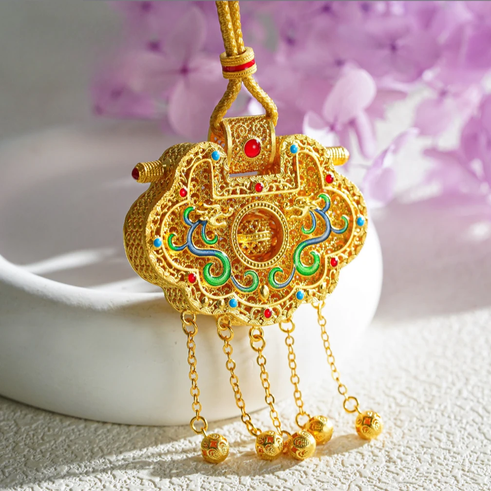 吊坠足银珐琅 999双龙拱璧纳福天子门生锁 宫廷风双面掐丝银项链