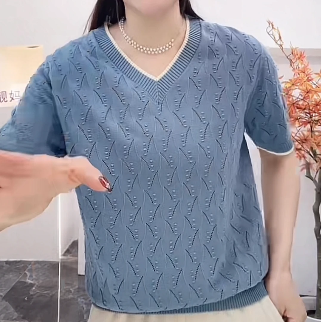 2025夏季新款女装V领气质百搭薄款休闲洋气宽松显瘦短袖针织衫