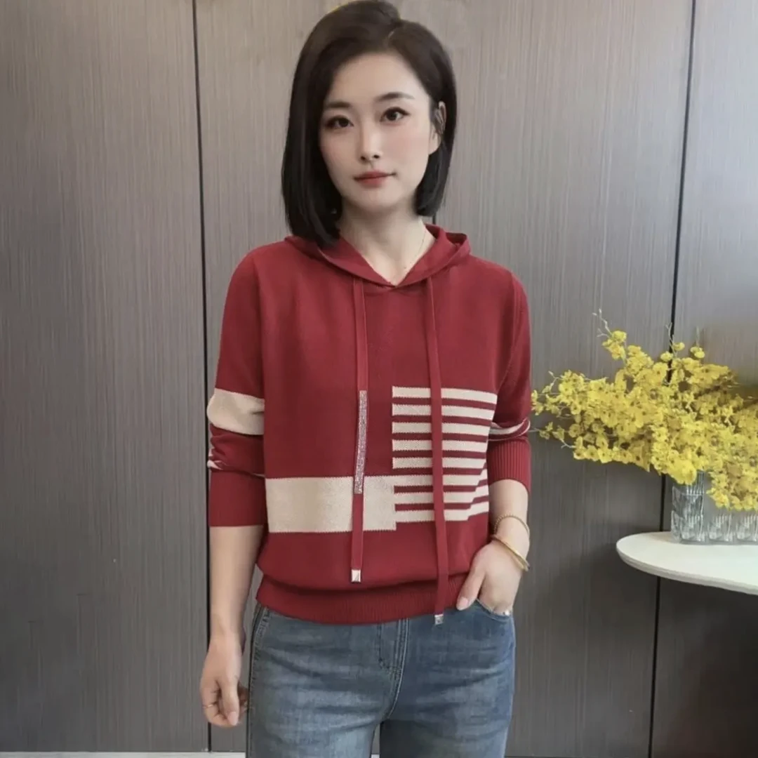 时尚条纹连帽长袖针织衫毛衣2025春秋款新款宽松显瘦百搭洋气上衣