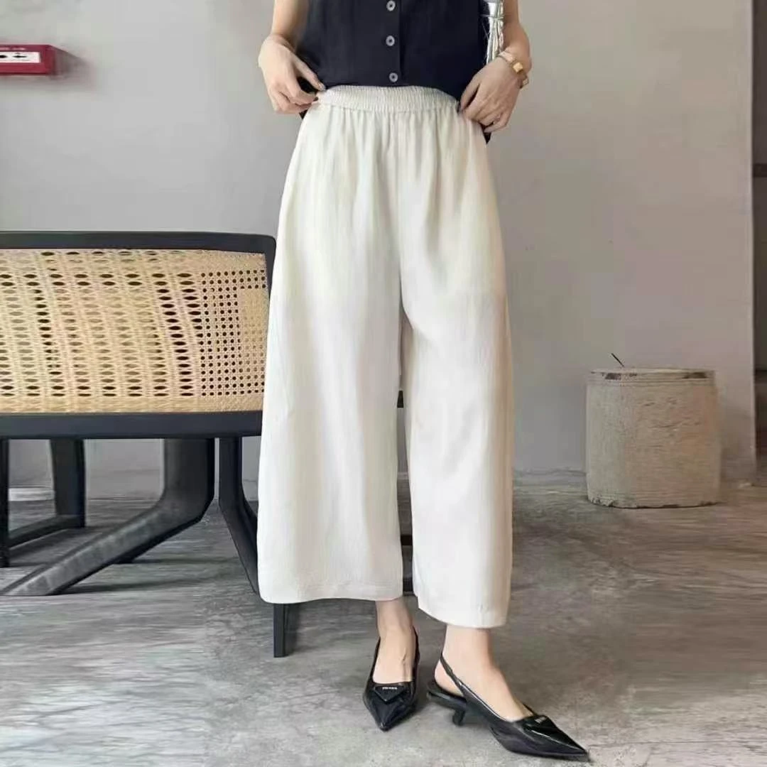 2025夏季新款中腰透气八分中国风阔腿裤直筒减龄气质显瘦口袋女裤