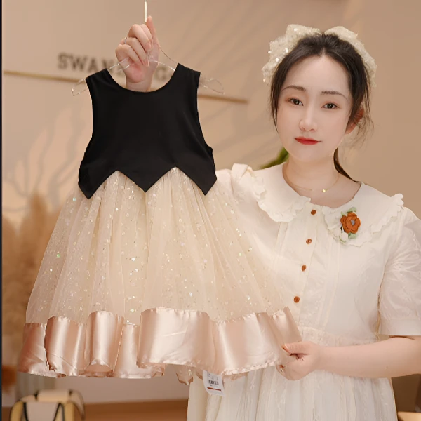 【Y.d5942】25夏季新款女童设计师款气质拼接亮片网纱重工公主裙