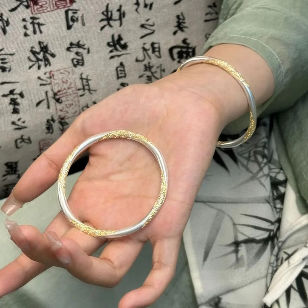 足银手镯 【H45】25g999.9描金祥云卷草纹实心手镯古风时尚百搭