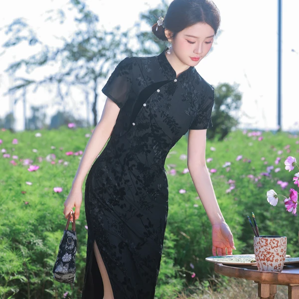 GUXI/故汐中国风气质显瘦复古日常黑色夏季长款修身优雅经典旗袍