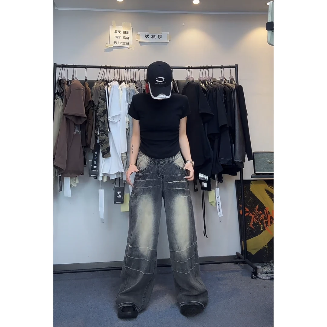 DAXIECHA｜十三行水洗撞色欧美简约牛仔裤高街美式小众黑色#C10533