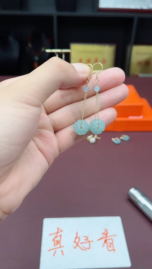 石英质玉（天山翠）银S925镶嵌耳饰716000