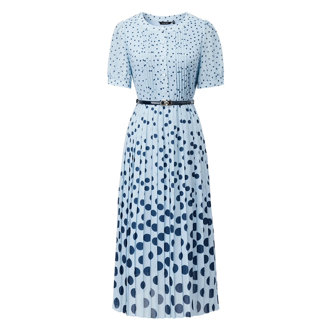 【茶芙巷】蓝色波点连衣裙夏季气质显瘦中长款短袖圆领B0715【ZS】