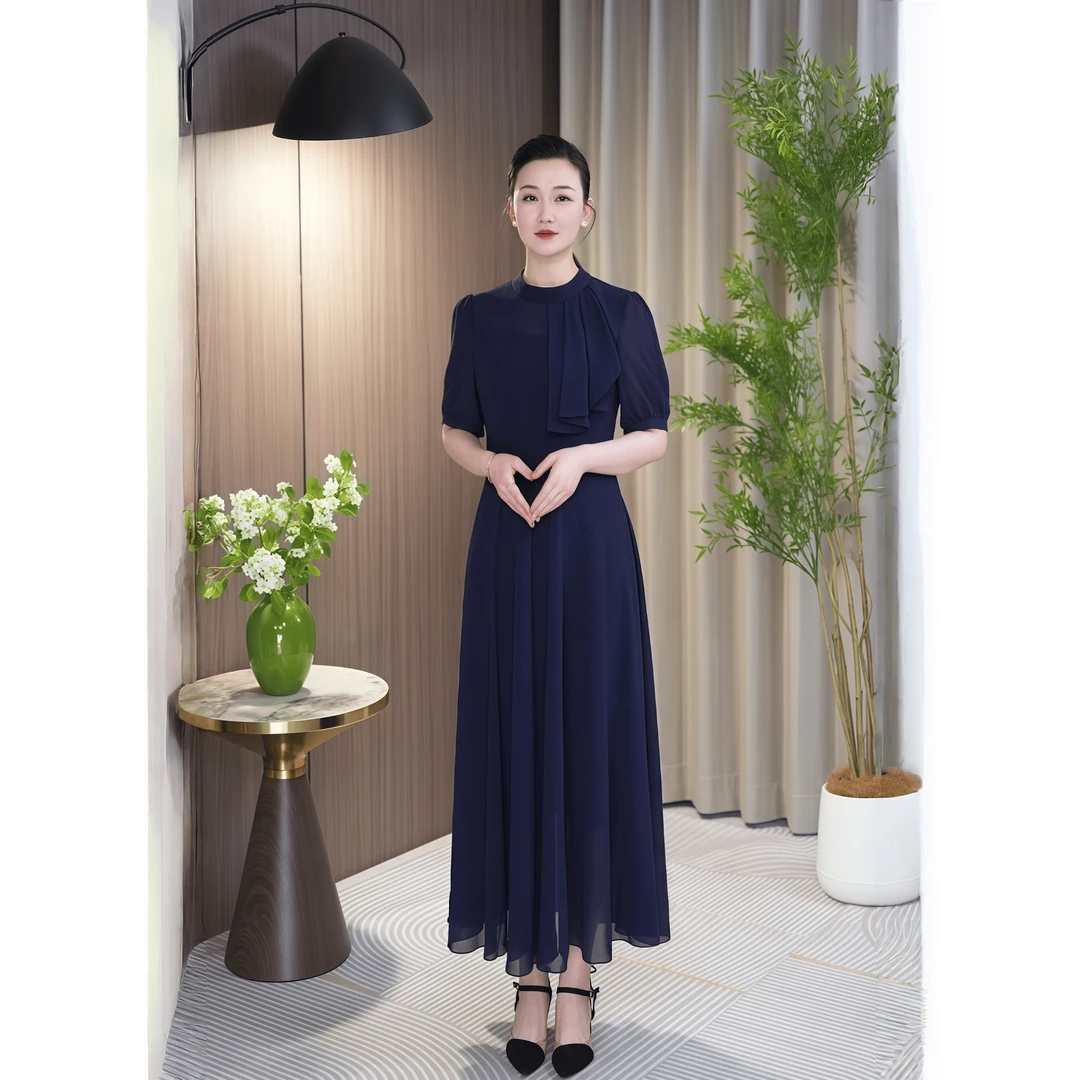 夏季新款显瘦气质短袖轻奢时尚修身优雅打底女士长款收腰连衣裙