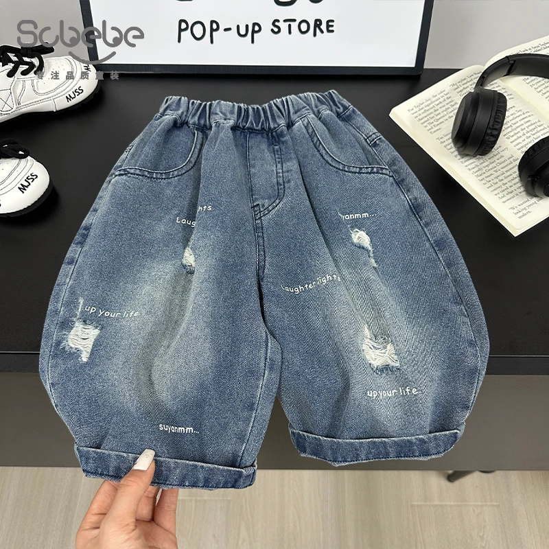 SCBEBE【七分裤】儿童牛仔裤欧若风夏季新款闪电破洞牛仔裤CK164