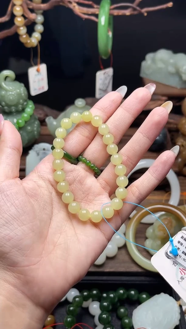 手串未镶嵌和田玉卡8若羌黄口 圆珠9008706有瑕疵