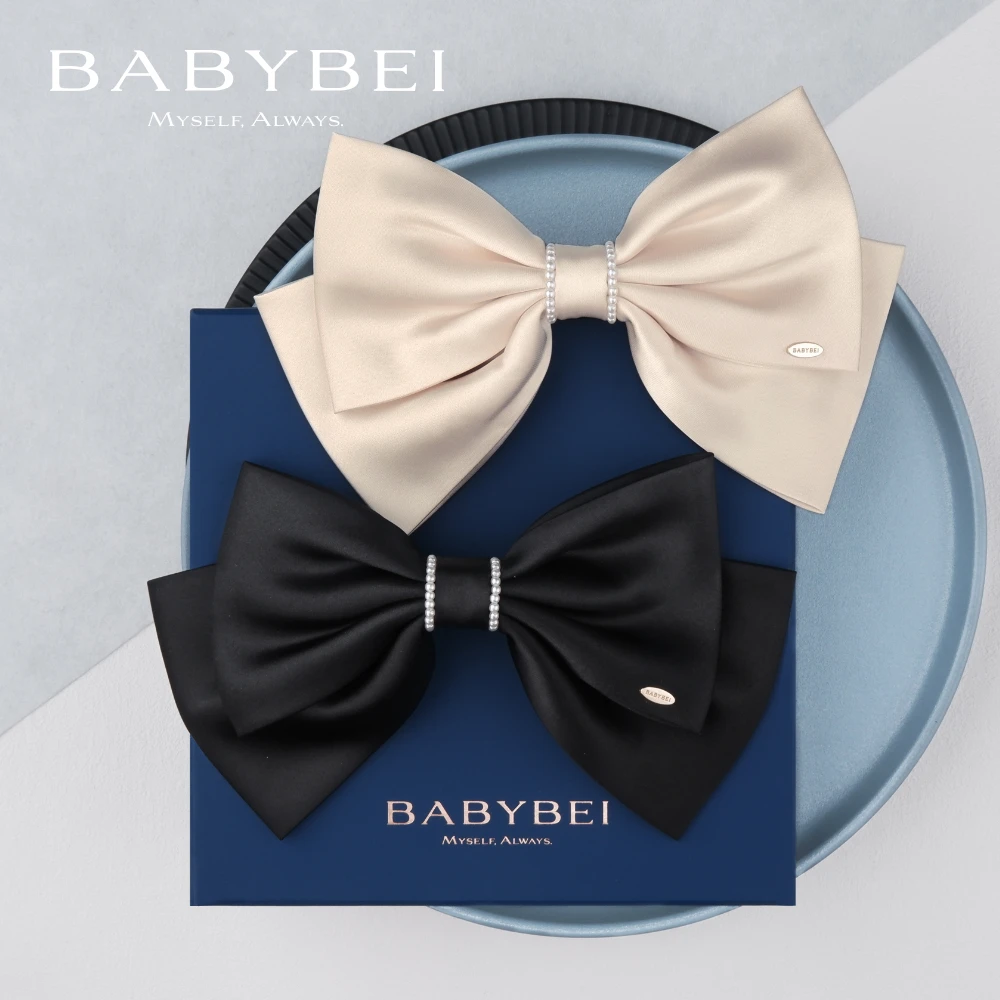 BABYBEI/初贝丝丝高亮珠大号弹簧夹双层双串珠蝴蝶结优雅气质黑米