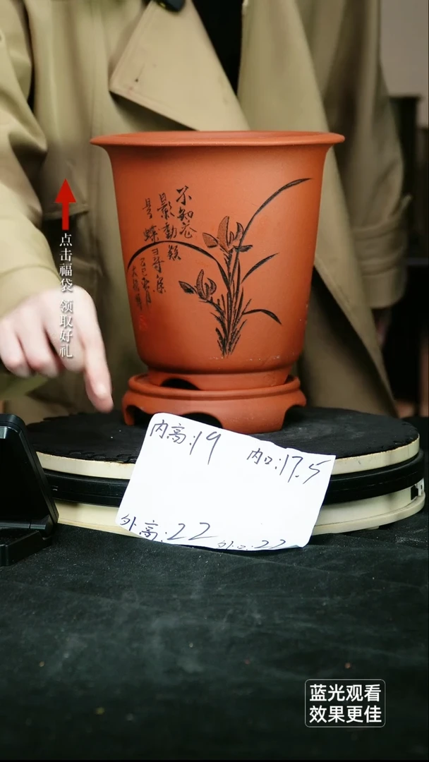 紫砂花盆紫砂花盆清水泥刻绘大金钟一只带托