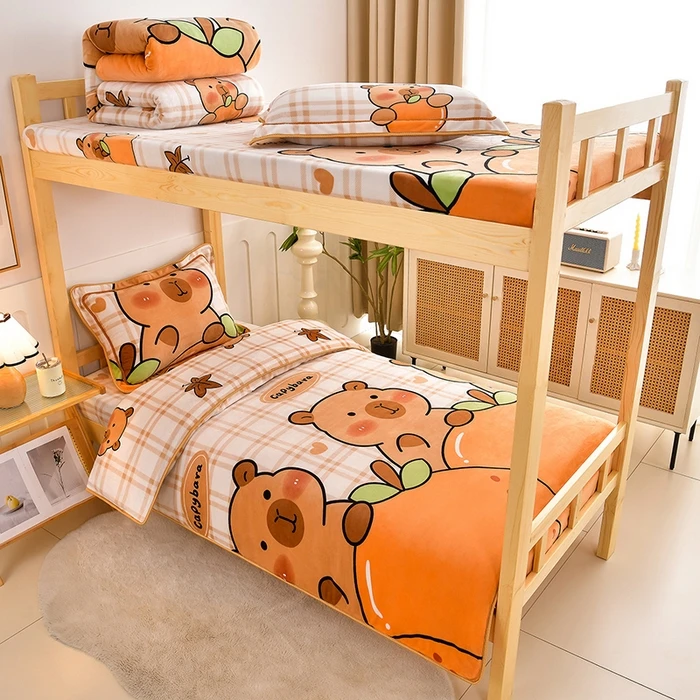 【推荐】加厚保暖牛奶绒三件套被套床单学生上下铺单人1.5m绒被罩馨