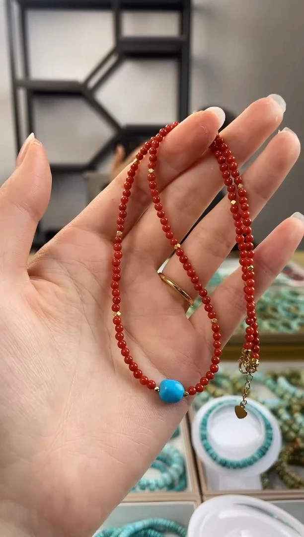 【闪购商品】绿松石珠宝奇石铂Pt950镶嵌南红美松项链多样性发一