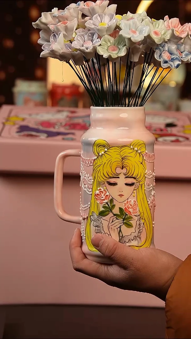 景德镇手工手绘文创陶瓷杯（花瓶）+12朵花