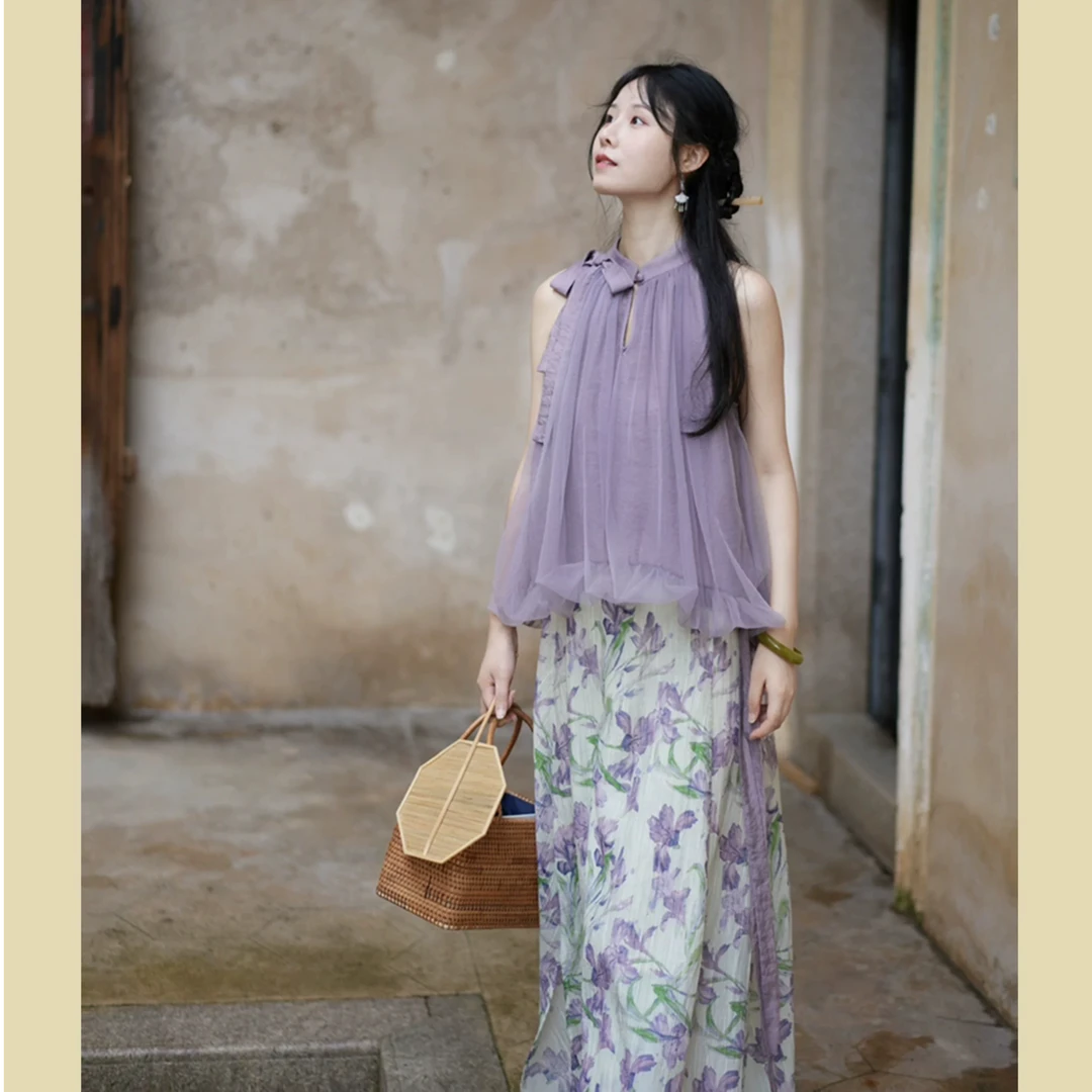 山中有桂枝立夏鸢尾 仙气紫色国风短袖削肩上衣＋侧拉链裙套装女